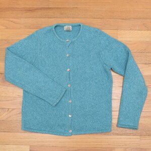 LL Bean Cardigan - Marled Aqua / Turquoise Blue Cotton - Shell Buttons - Womens